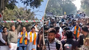 AI समिट में हंगामे के खिलाफ BJP का हल्ला बोल, कांग्रेस ऑफिस के सामने प्रदर्शन